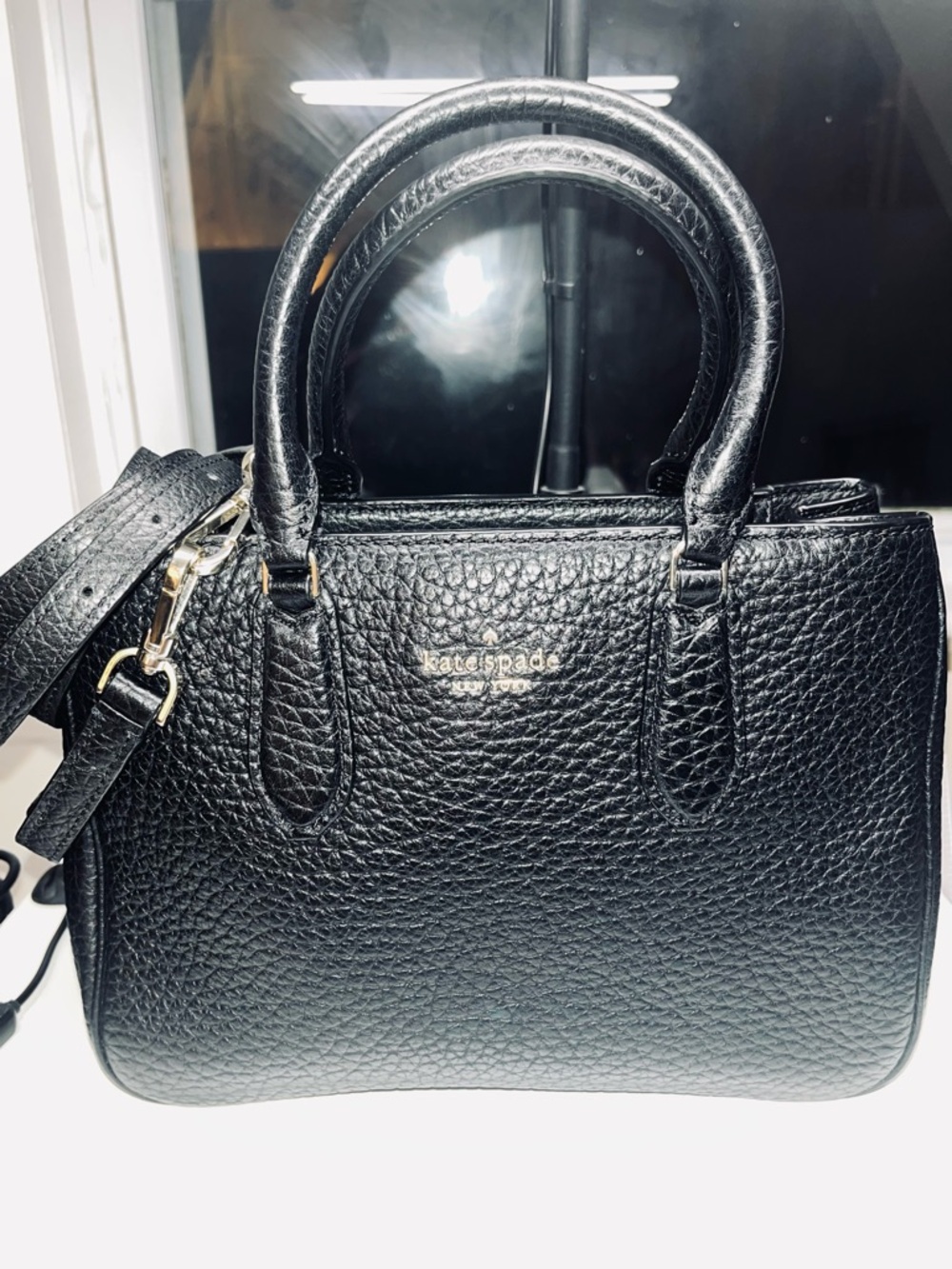 Kate Spade Black Textured Leather Satchel with Crossbody Strap